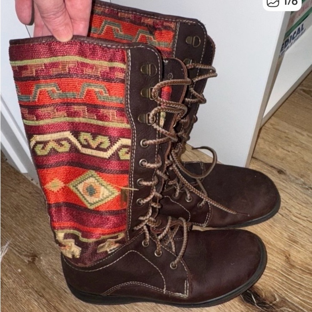 Women's Brown Lace-Up Boots with Red Aztec Fabric Panel